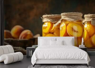 Canned peaches in glass jars rest on a white marble countertop, surrounded by warm lighting and rustic wooden backgrounds, capturing the essence of homemade preserves in culinary still life. Wall mural