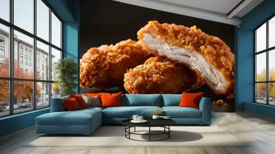 Chicken fingers against a black background, with one piece cut in half to reveal the interior texture. The bright and natural lighting highlights the golden brown coloring and soft textures. Wall mural