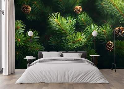 Close-up of evergreen pine branches, vibrant green needles, dense foliage, pine cones scattered throughout, dark background, high detail, nature photography. Wall mural