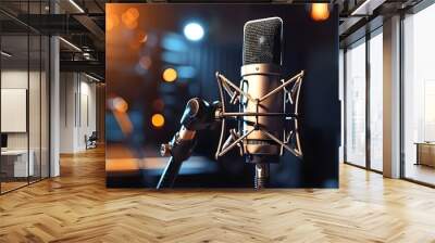 Close up shot of a professional microphone in the sound recording studio for voice over and dubbing, with a concept of podcasting. Wall mural