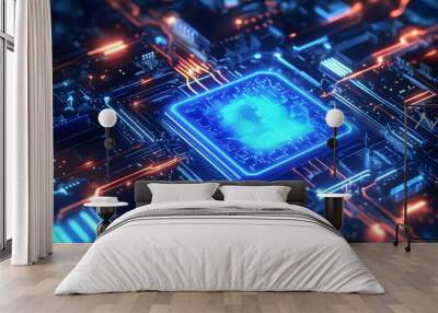 Digital security concept with a glowing blue padlock on a circuit board background Neon light trails illustrate futuristic data protection in a high-tech encrypted digital fortress Wall mural