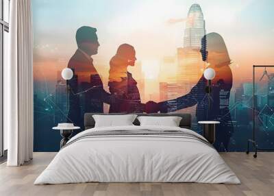 Double exposure image of business people handshake on city office building in background showing partnership success of business deal. Concept of corporate teamwork, trust partner and work agreement. Wall mural