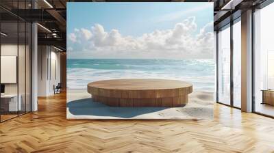 Empty beautiful round wooden podium on sandy beach background summer concept. Wall mural