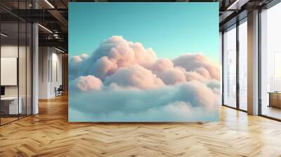 Fluffy white cumulus clouds against a light blue background create a peaceful mood in a minimalist composition, showcasing a dreamy sky and soft lighting in high-key digital art style. Wall mural