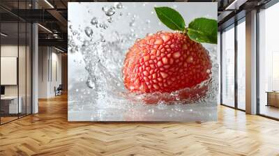 Fresh ripe lychee fruit, water splash explosion, transparent white background, crystal clear droplets, high-speed photography, freeze motion, macro detail, vibrant red color. Wall mural