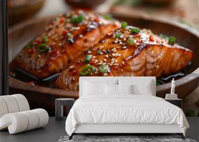 Glazed teriyaki salmon fillets, brown wooden bowl, white table surface, garnished with sesame seeds and chopped green onions, rich red-brown sauce, food photography. Wall mural