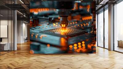 Handheld CNC machine tools for product asset production, factory background, closeup of high isolated modern product,  an orange light source create an atmosphere of industrial innovation. Wall mural