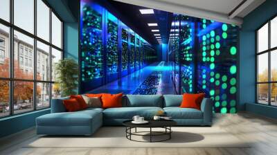 High Tech server room with advanced data center technology. The scene includes rows of large computer. This design symbolizes modern tech innovation in cloud computing and security services. Wall mural