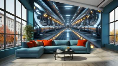 Industrial pipelines, bright lighting, metallic tubes, factory interior, complex machinery, symmetrical composition, depth of field, polished steel, industrial engineering. Wall mural