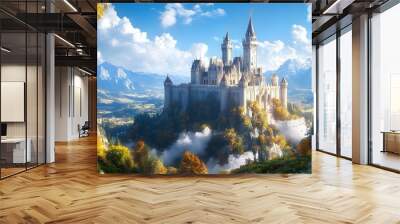 Majestic medieval castle on hilltop, bright blue sky with white fluffy clouds, lush green forest surroundings, mountain landscape, Gothic architecture. Wall mural