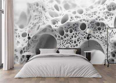 Microscopic view of a white porous structure with intricate cavities and a bone-like texture, presented in extreme close-up with soft lighting for a scientific visualization in minimalist detail. Wall mural