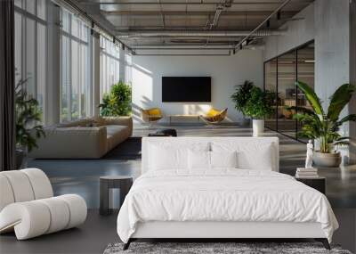 Modern bright office interior, open floor plan, glass partition walls, polished concrete floors, minimalist furniture, large windows, natural light flooding in, sleek TV on white wall. Wall mural