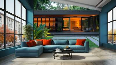 Modern dark gray horizontal slat fence in a backyard with lush tropical plants, evening sunlight illuminating a paved patio, minimalist landscaping creating a tranquil atmosphere with clean lines. Wall mural