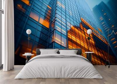 Modern glass skyscraper at dusk, tilt-shift photography, shallow depth of field, warm orange interior lights, cool blue exterior reflections, geometric patterns of windows. Wall mural