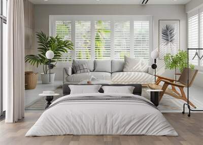 Modern living room with white wooden shutters and window blinds, natural light creating a bright atmosphere.
 Wall mural