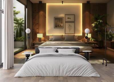 Modern minimalist bedroom with sleek wooden bed, white headboard and foot board, grey fabric cushion on the top of it, brown wood side tables beside the bed. Wall mural