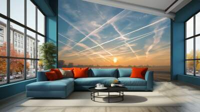 Multiple contrails in the sky at sunset, with one prominent line crossing over two others. with some small white clouds
 Wall mural