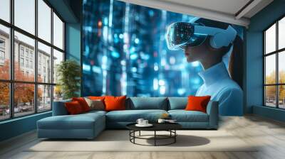 Person wearing a VR headset in a bright futuristic environment with high-tech displays, representing immersive technology and advanced computing concepts. Wall mural