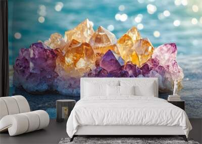 Raw gemstones, including rose quartz and amethyst, sparkle against an ocean background with turquoise water, capturing natural mineral beauty and sunlight reflections in high contrast. Wall mural