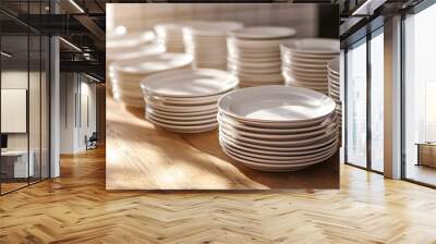 Stacks of white ceramic plates, bright natural lighting, wooden table surface, kitchen or restaurant setting, shallow depth of field, soft bokeh background, clean and minimalist. Wall mural