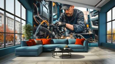 The mechanic is working on the engine of an electric truck, which has wires and other parts attached to it. He wears dark blue work  with blue gloves and hat.  Wall mural