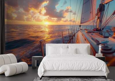 The view from the deck of an elegant sailboat, with a colorful sunset sky and calm ocean waters in the background.
 Wall mural