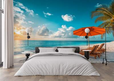 Tropical beach paradise, orange beach umbrella, wooden lounge chairs, pristine white sand, crystal clear turquoise water, palm tree, blue sky with fluffy white clouds. Wall mural