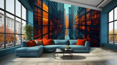 Urban architecture, modern glass buildings, skyscrapers, geometric shapes, reflective surfaces, clean lines, cityscape, downtown district, contemporary design, business district. Wall mural