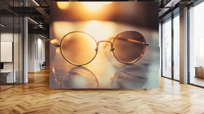 Vintage round eyeglasses, white marble countertop, warm sunset light, reflections in lenses, shallow depth of field, bokeh background, golden hour, indoor setting. Wall mural