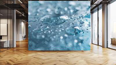 Water drops on a light blue background, bubbles and foam in the texture of water, a macro close up view of a fresh clean surface with air caustics. Wall mural