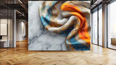 white marble countertop, colorful silk scarf with intricate patterns, bohemian style, vibrant hues of blue, orange, and gold, ornate designs, soft fabric folds, luxury fashion accessory. Wall mural