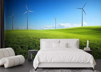 Wind turbines in green field, clear blue sky, renewable energy concept, panoramic view, high contrast, detailed turbine texture, sustainable landscape, bright sunlight, clean energy. Wall mural