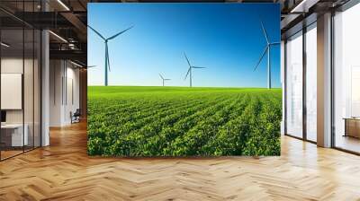 Wind turbines in green field, clear blue sky, renewable energy concept, panoramic view, high contrast, detailed turbine texture, sustainable landscape, bright sunlight, clean energy. Wall mural