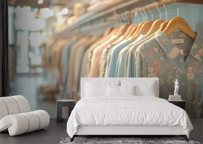 Wooden hangers holding shirts and blouses. A rack of chic, casual items in soft colors is displayed. The light from large windows creates a warm atmosphere.  Wall mural