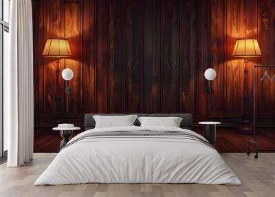 Wooden wall with dark brown wood paneling and two lamps on the left side of it, empty room interior background vector Illustration of cartoon style. Wall mural