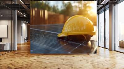 yellow safety helmet, construction site, blueprints, solar panels, outdoor setting, bright sunlight, wooden fence background, construction planning, renewable energy project. Wall mural