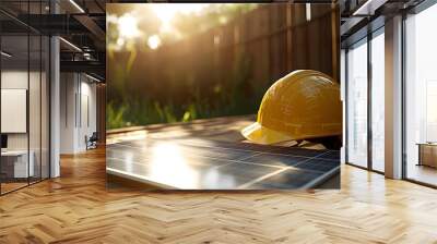 yellow safety helmet, construction site, blueprints, solar panels, outdoor setting, bright sunlight, wooden fence background, construction planning, renewable energy project. Wall mural