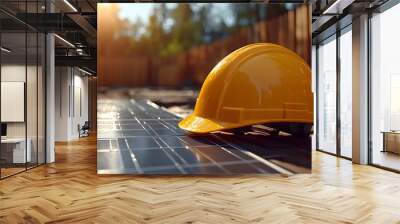 yellow safety helmet, construction site, blueprints, solar panels, outdoor setting, bright sunlight, wooden fence background, construction planning, renewable energy project. Wall mural