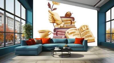 Still life with a book.
A composition of cozy objects, books, tea, a hand with a flower, great for postcards, gift decoration or product design. Wall mural