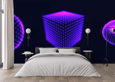 3d figures on dark background. Pink glowing sphere, cube and torus. Geometric wireframe shapes. Line structure. Vector illustration Wall mural