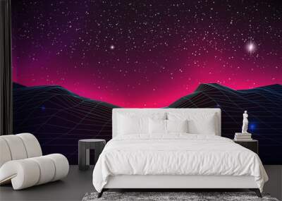 Synthwave Horizon Background. Virtual 3d landscape with Glow. Perspective Grid with starry sky. 80s sci-fi or game style. Banner, poster, cover or Retro party flyer template. Stock vector illustration Wall mural