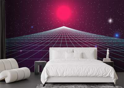 Synthwave sunset backround. Retro future 80s backdrop. Perspective grid, sun, dark starry sky. Futuristic sci-fi virtual scene. 3d computer abstract style. Flyer template. Stock vector illustration Wall mural