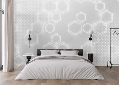 White abstract background. Futuristic hexagon pattern with halftone. Neutral grey business presentation template. Chemistry or technology concept. Colorless soft geometric cover design. Empty space Wall mural