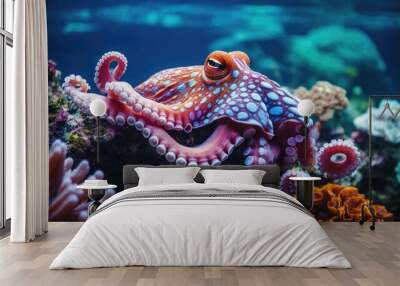 a beautiful giant octopus around beautiful colorful coral, AI Generative Wall mural