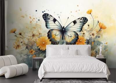 A beautiful watercolor of a butterfly on a flower with a soft yellow background. AI Generative Wall mural