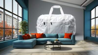 a blank white duffel bag, meticulously styled and photographed against a crisp and seamless white background Wall mural