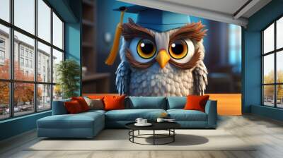 A cartoon character design of a smart owl with big round eyes, a book in its claws, and a graduation hat on its head. AI Generative Wall mural