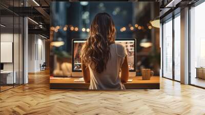 a image Back view portrait of a young businesswoman using laptop at his workplace, Generative AI Wall mural