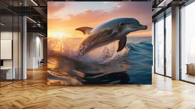 a image beautiful dolphin leaping jumping from shining sunset sea, AI Generative Wall mural