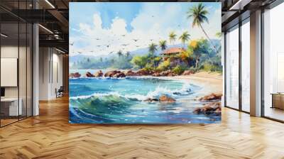 A tropical beach, watercolor, splatter effect, bright colors. AI Generative Wall mural